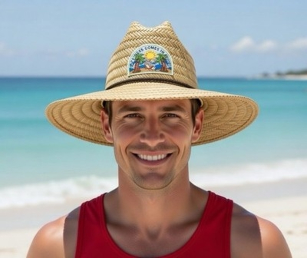 Wyeth Straw Mens Lifeguard Sun Hat Happiness Comes In Waves Beach Ocean Surf OS